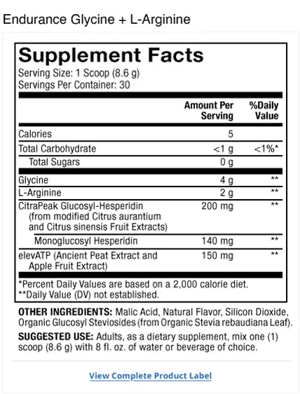 Pure Power Endurance With Glycine + L-Arginine - Berry Blast supplement facts label