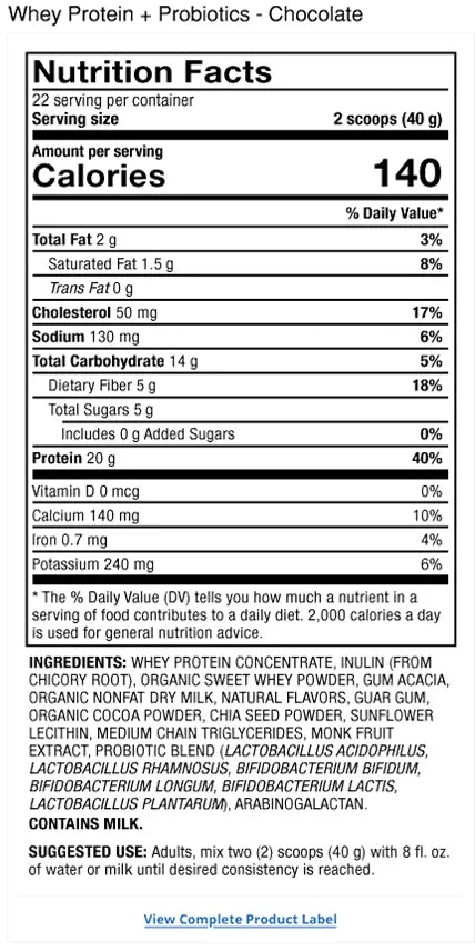 Pure Power Whey Protein + Probiotics - Chocolate supplement facts label