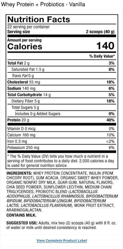 Pure Power Whey Protein + Probiotics - Vanilla supplement facts label