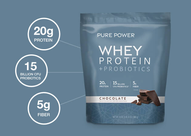 Pure Power Whey Protein plus Probiotics in Chocolate — 20g protein, 15 billion CFU probiotics, 5g fiber