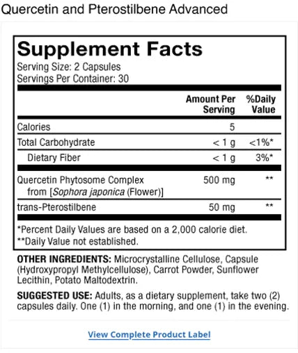 Quercetin and Pterostilbene Advanced 30 Day supplement facts label