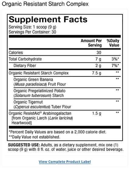 Organic Resistant Starch Complex supplement facts label