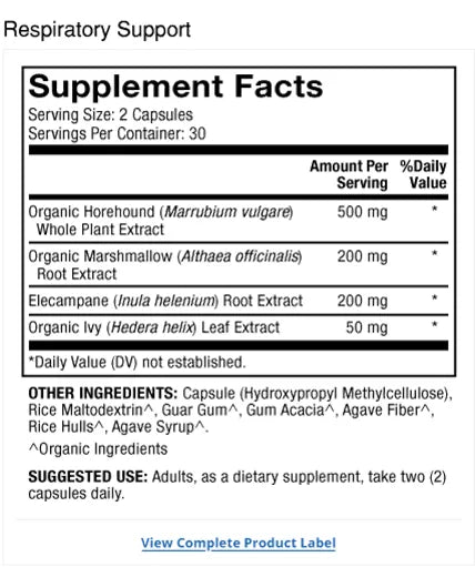 Respiratory Support supplement facts label