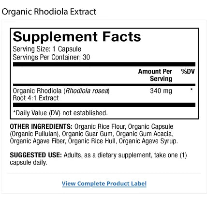 Organic Rhodiola Extract supplement facts label