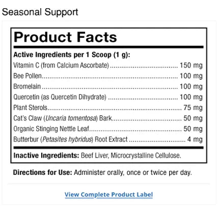 Bark & Whiskers® Seasonal Support supplement facts label