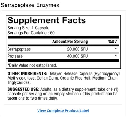 Serrapeptase Enzymes supplement facts label