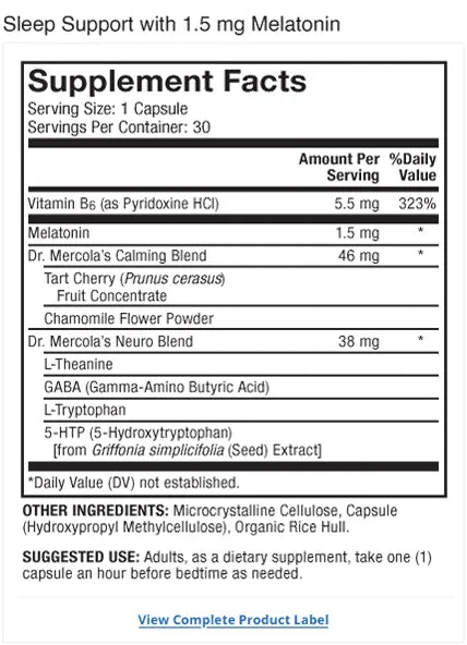 Sleep Support with Melatonin 1.5 mg supplement facts label
