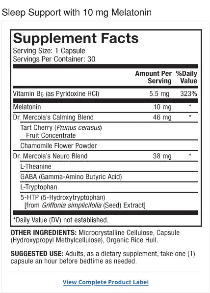 Sleep Support with Melatonin 10 mg supplement facts label