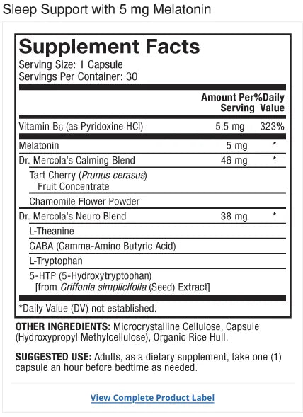 Sleep Support with Melatonin 5 mg supplement facts label