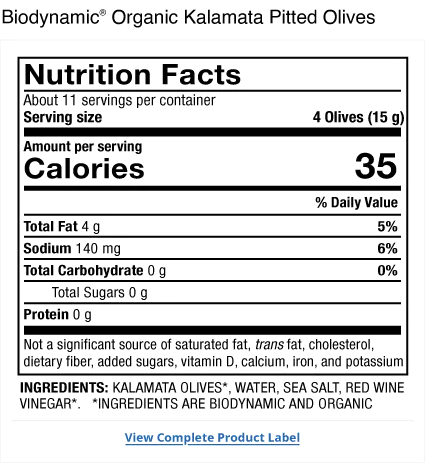 Solspring® Kalamata Pitted Olives, Biodynamic® Organic supplement facts label