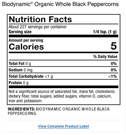 Solspring® Whole Black Peppercorn, Biodynamic® Organic supplement facts label