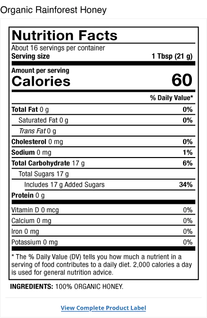 Solspring® Rainforest Honey, Organic supplement facts label