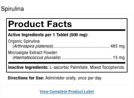Bark & Whiskers® Spirulina supplement facts label