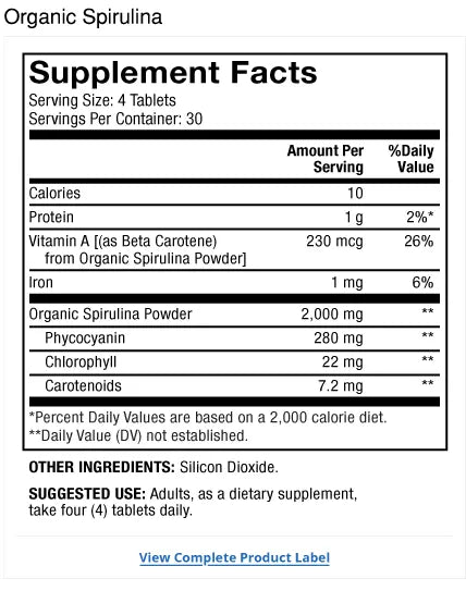 Organic Spirulina supplement facts label