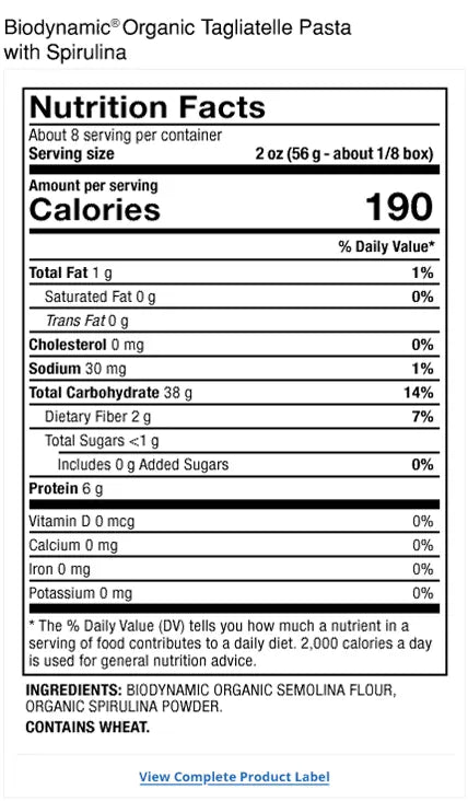 Solspring® Tagliatelle Pasta with Spirulina, Biodynamic® Organic supplement facts label