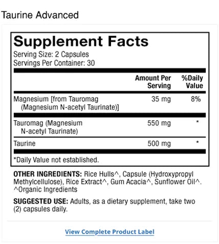 Taurine Advanced supplement facts label