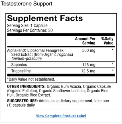 Pure Power Testosterone Support Liposomal Fenugreek supplement facts label