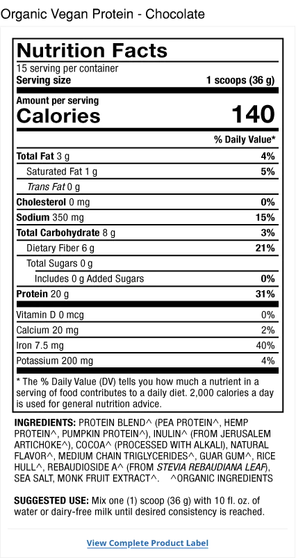 Pure Power Organic Vegan Protein - Chocolate supplement facts label
