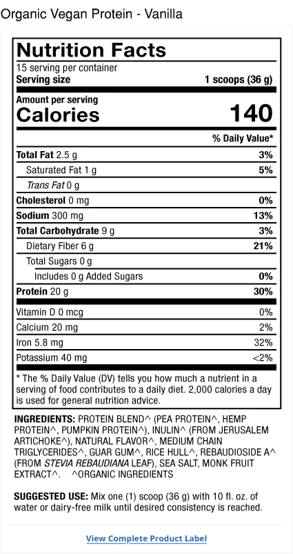 Pure Power Organic Vegan Protein - Vanilla supplement facts label