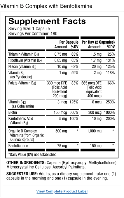 Vitamin B Complex supplement facts label