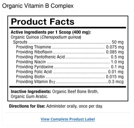Bark & Whiskers® Organic Vitamin B Complex supplement facts label