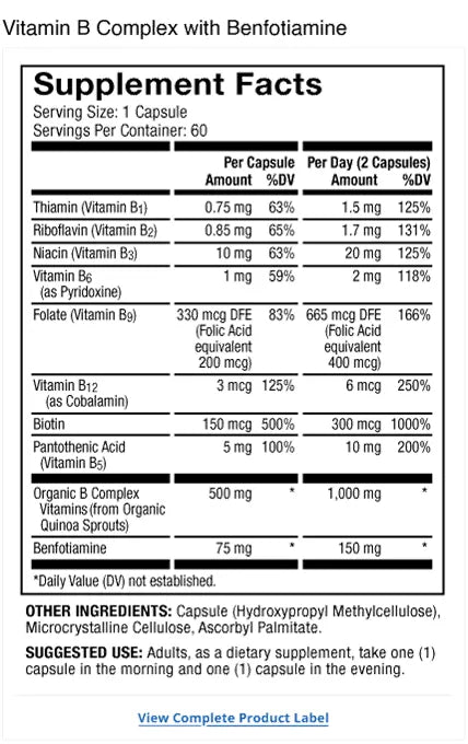 Vitamin B Complex supplement facts label