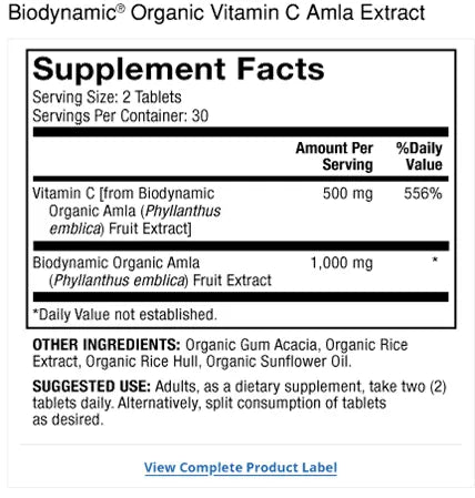 Biodynamic Organic Vitamin C Amla Extract supplement facts label