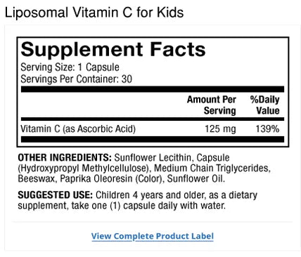 Liposomal Vitamin C for Kids supplement facts label