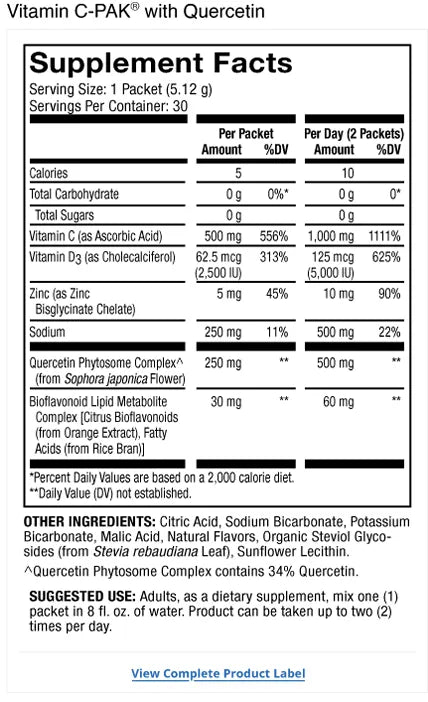 Vitamin C-PAK with Quercetin supplement facts label