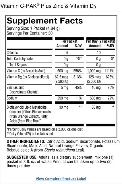 Vitamin C-PAK supplement facts label