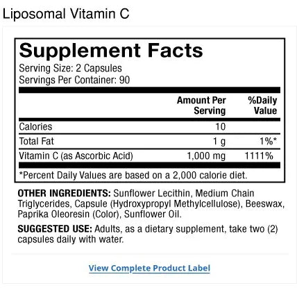 Liposomal Vitamin C supplement facts label