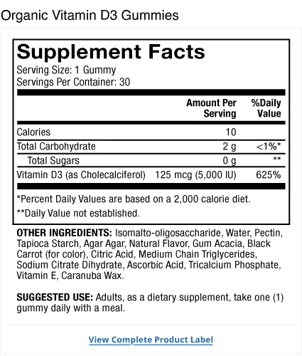 Organic Vitamin D3 Gummies - Cherry supplement facts label