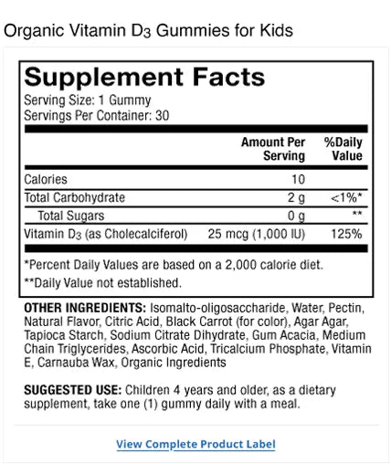 Organic Vitamin D3 Gummies for Kids - Cherry supplement facts label