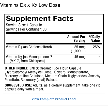 Vitamins D3 & K2 Low Dose supplement facts label