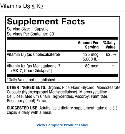 Vitamins D3 & K2 supplement facts label