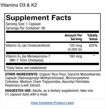 Vitamins D3 & K2 supplement facts label