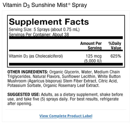 Vitamin D3 Spray supplement facts label