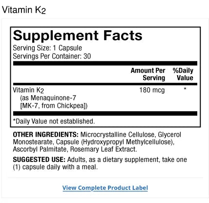 Vitamin K2 supplement facts label