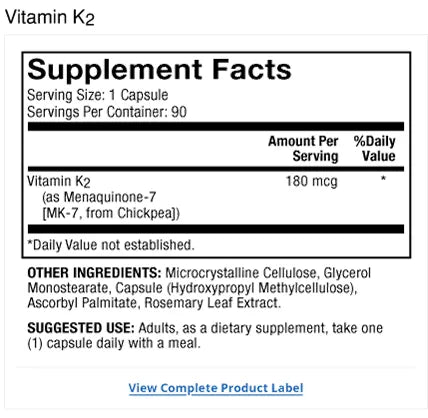 Vitamin K2 supplement facts label