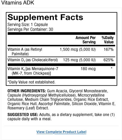 Vitamins ADK supplement facts label