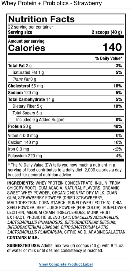 Pure Power Whey Protein + Probiotics - Strawberry supplement facts label
