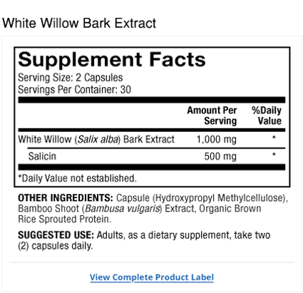 White Willow Bark Extract supplement facts label