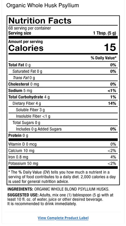 Organic Whole Husk Psyllium supplement facts label