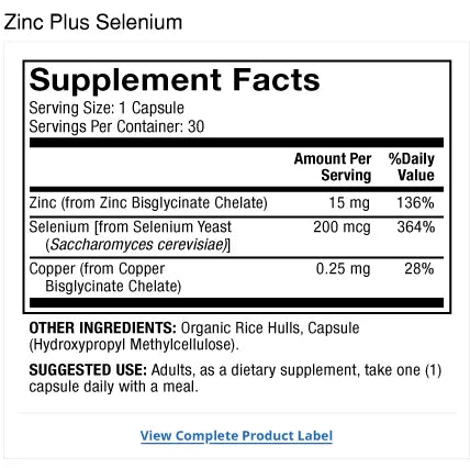 Zinc Plus Selenium supplement facts label