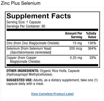 Zinc Plus Selenium supplement facts label